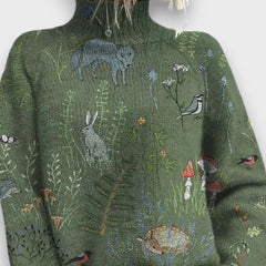 Milai – Vintage Rollkragenpullover mit Kunstprint in Grün
