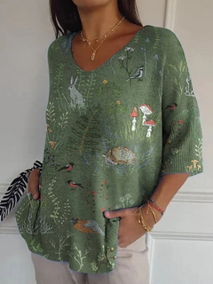 Vivien® | Wald- und Tiermotiv wiederholendes Muster bedruckter Damen Freizeitpullover Strick in Grün