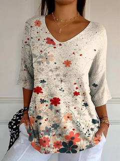 Amira-Marie® | Damen Vintage Blumenmuster Kunstdruck Lässiger Strickpullover in Mehrfarbig