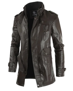 Paulin® | Elegante lange Motorradlederjacke in Dunkelbraun