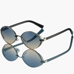 Damen Sonnenbrille mit ovalem Metallrahmen und UV400-Schutz in Blaugelb