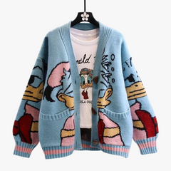Geknöpfte Strickjacke mit Cartoon-Entendesign für Frauen in Blau