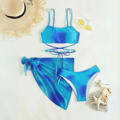Luciana® | 3-teiliger Bikini-Badeanzug mit Schnürung und Strandrock in Blau