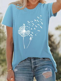 Vanessa | Lässiges T Shirt mit grafischem Löwenzahn Print in Himmelblau