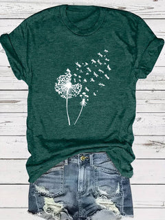 Vanessa | Lässiges T Shirt mit grafischem Löwenzahn Print in Dunkelgrün