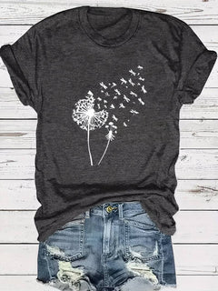 Vanessa | Lässiges T Shirt mit grafischem Löwenzahn Print in Dunkelgrau