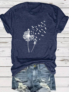 Vanessa | Lässiges T Shirt mit grafischem Löwenzahn Print in Marineblau
