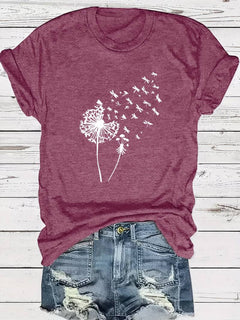 Vanessa | Lässiges T Shirt mit grafischem Löwenzahn Print in Fuchsie