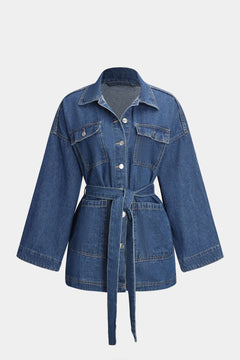 Damen Geknöpft mit Gürtel Lang Jeansjacke in Denim Blau