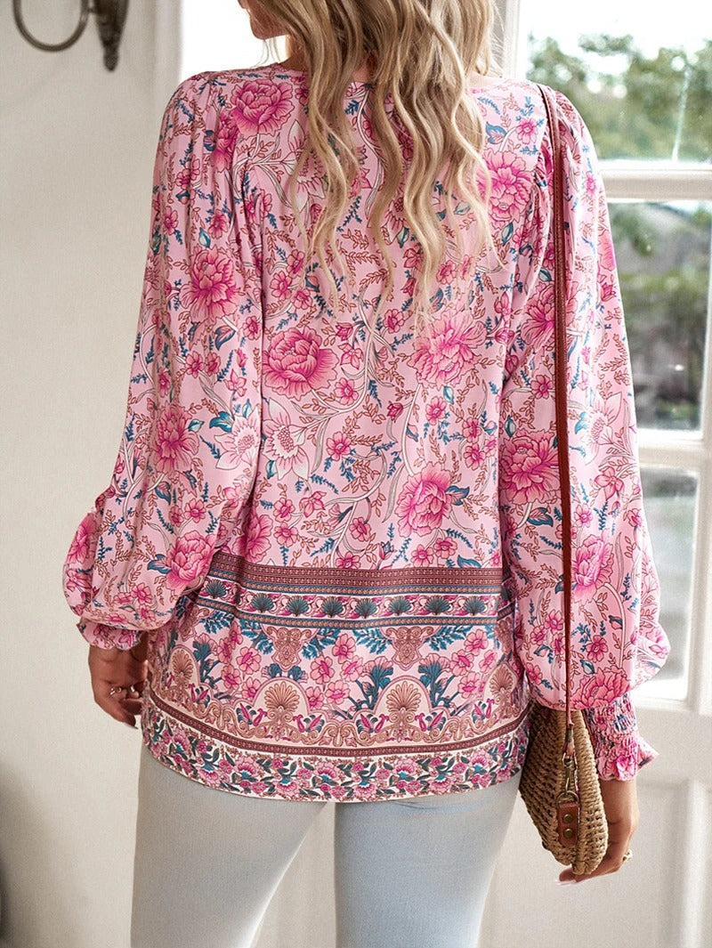 Viktoria - Damenbluse mit Blumenmuster und langen Puffärmeln