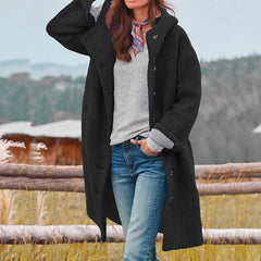 Winterjacke Damen Lang | Gefütterter Wintermantel Mit Knöpfen in Schwarz
