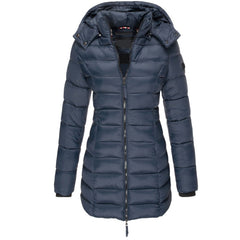 Winterjacke Damen Gefüttert Mit Kapuze | Lang Mit Reißverschluss und Taschen in Blau