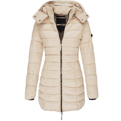 Winterjacke Damen Gefüttert Mit Kapuze | Lang Mit Reißverschluss und Taschen in Khaki