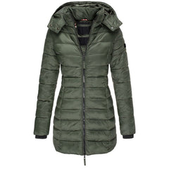 Winterjacke Damen Gefüttert Mit Kapuze | Lang Mit Reißverschluss und Taschen in Grün
