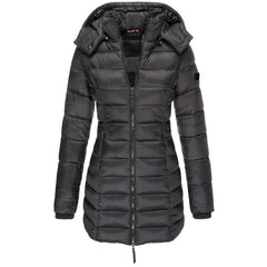 Winterjacke Damen Gefüttert Mit Kapuze | Lang Mit Reißverschluss und Taschen in Schwarz