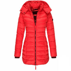 Winterjacke Damen Gefüttert Mit Kapuze | Lang Mit Reißverschluss und Taschen in Rot