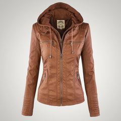 Sophie | Damen Taillierte Kapuze Lederjacke in Khaki