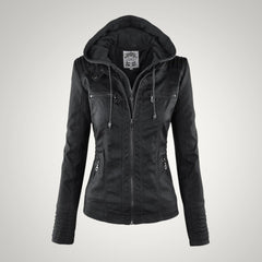 Sophie | Damen Taillierte Kapuze Lederjacke in Schwarz