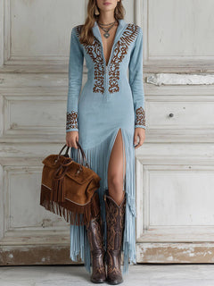 Damen Boho Wildleder-Optik Maxikleid mit Fransen in Blau