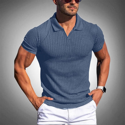 Muskelbetontes V-Ausschnitt Strick-Poloshirt für Herren