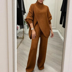 LyraKnit™ - Set aus Hochwertigem Strick mit Strukturierter Oversize-Bluse und Gerader Hose – Natürliche Eleganz! in Braun