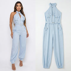 Dominna™ Jumpsuit aus Leichter Sarja im Raffinierten Cargo-Stil in Blau