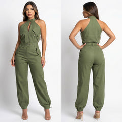 Dominna™ Jumpsuit aus Leichter Sarja im Raffinierten Cargo-Stil in Grün
