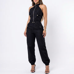 Dominna™ Jumpsuit aus Leichter Sarja im Raffinierten Cargo-Stil in Schwarz