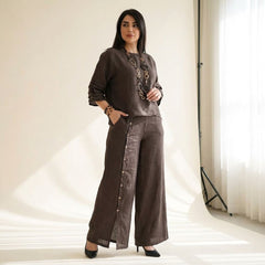 Roots™ Baumwoll-Leinen-Set mit Lockerem Oberteil und Eleganter Weit Geschnittener Hose in Kaffee