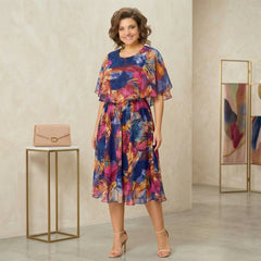 Garden Glow™ Bedrucktes Midikleid mit Überlage in Tropische Aquarellfarben (Blau + Rosa + Gelb)