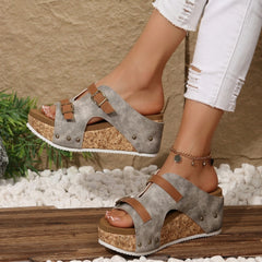 Coraline™ Leder-Pantolette mit Plateau und Doppelverstellung in Grau