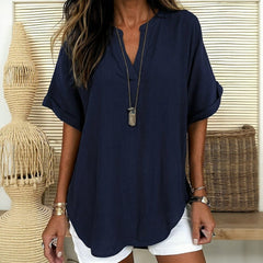 Maya™ Bluse mit Zart Gerundetem Saum und V-Ausschnitt mit Cut-out in Dunkelblau