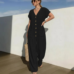 Cannes™ Jumpsuit mit Knopfleiste vorn und V-Ausschnitt in Schwarz