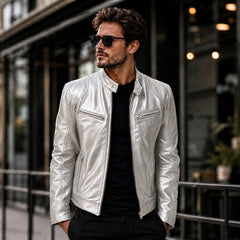 Yakuza™ Jacke aus Premium Leder mit Minimalistischem, Zeitlosem Design in Silber