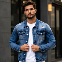 Logan™ Jeansjacke mit Premium Stone-Wash und Distressed-Details in Blau