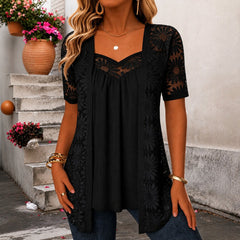 Nadia™ Bluse aus Leinenmischgewebe mit Lagenlook und Spitze in Schwarz