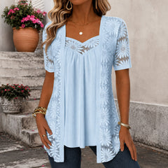 Nadia™ Bluse aus Leinenmischgewebe mit Lagenlook und Spitze in Hellblau
