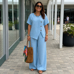 Savena™ Set aus Baumwollleinen mit asymmetrischer Bluse und fließender Palazzohose in Blau