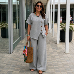 Savena™ Set aus Baumwollleinen mit asymmetrischer Bluse und fließender Palazzohose in Grau