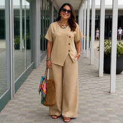 Savena™ Set aus Baumwollleinen mit asymmetrischer Bluse und fließender Palazzohose in Khaki
