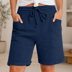 Shorts Svea™ mit Strukturierter Baumwolle und Hohem Bund in Dunkelblau