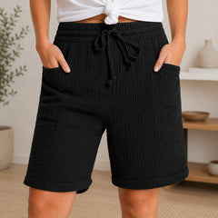 Shorts Svea™ mit Strukturierter Baumwolle und Hohem Bund in Schwarz
