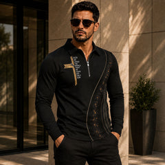 Poloshirt Konrad™ mit Goldakzenten, Strukturdetail und Reißverschluss in Schwarz