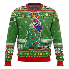 Unisex-Weihnachtsbluse mit Aufdruck, kuschelig und warm in Grün Mario