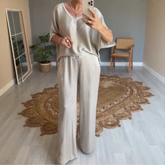 Marevielle™ Set Aus Satinartigem Stoff Mit Lockerer Bluse und Fließender Pantalonhose in Grau