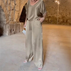 Marevielle™ Set Aus Satinartigem Stoff Mit Lockerer Bluse und Fließender Pantalonhose in Khaki