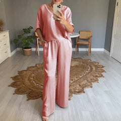 Marevielle™ Set Aus Satinartigem Stoff Mit Lockerer Bluse und Fließender Pantalonhose in Rosa
