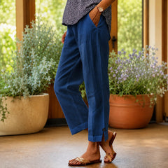 Sylvie™ Hose aus Baumwoll-Leinen mit Seitlichem Schlitz am Saum in Blau