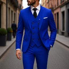 Anzug Montevic™ mit doppelreihiger Weste, schmalem Schnitt und Einstecktuch in Blau