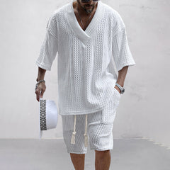 V-Ausschnitt Strick Shirt und Shorts Set für Herren in Weiß